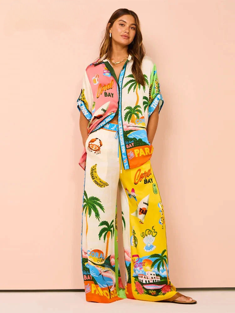 Summer  Printed Short-sleeved Color Matching Rope Trousers Suit