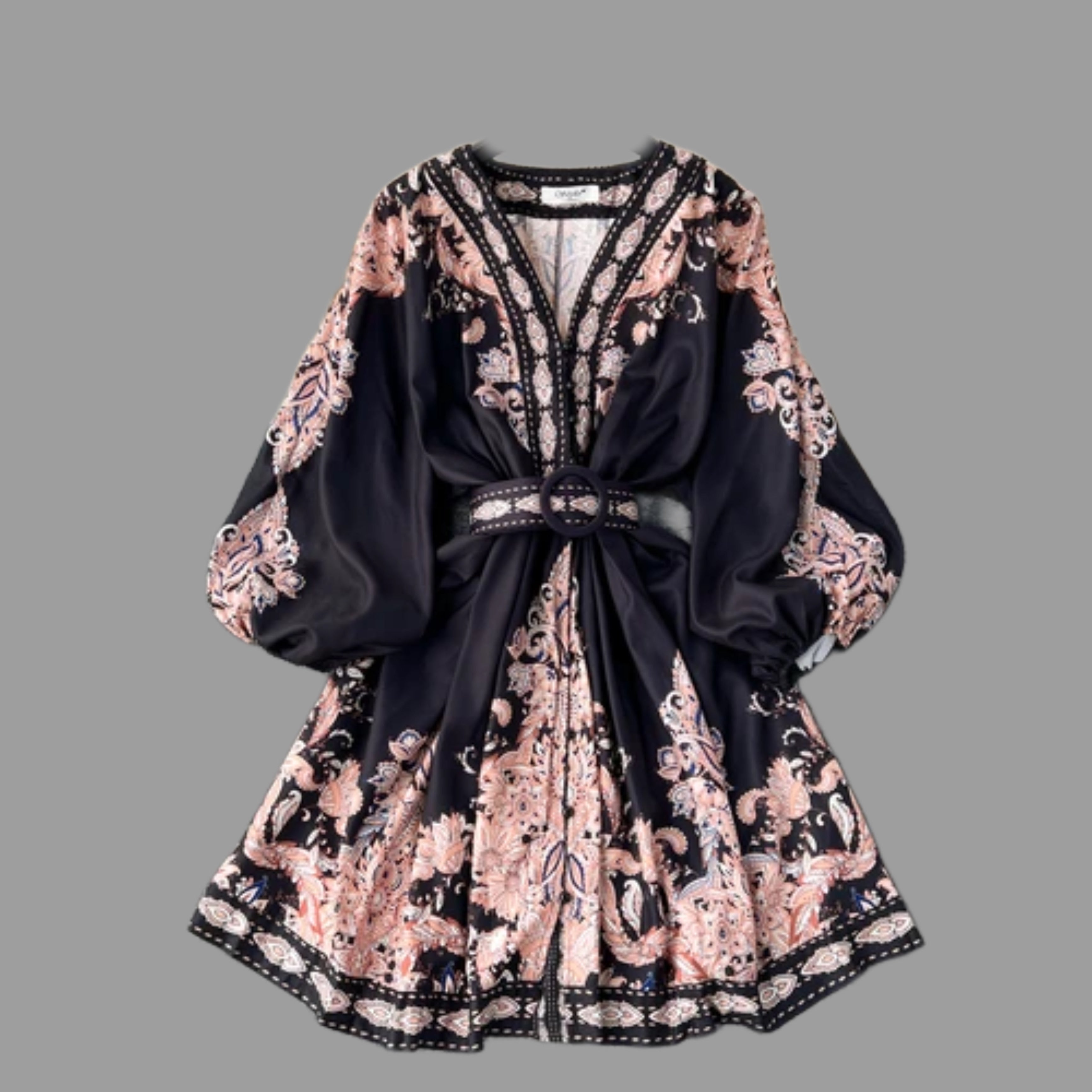 Vintage Print Elegant V-eck Long Sleeve Dress