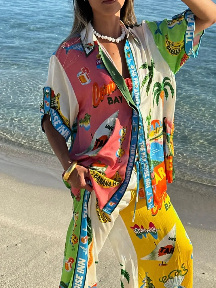 Summer  Printed Short-sleeved Color Matching Rope Trousers Suit