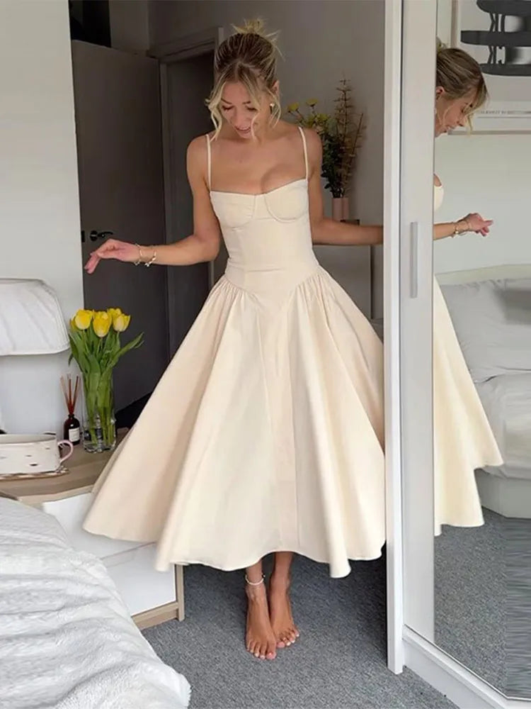 Women Sexy Solid Sling Midi Dress