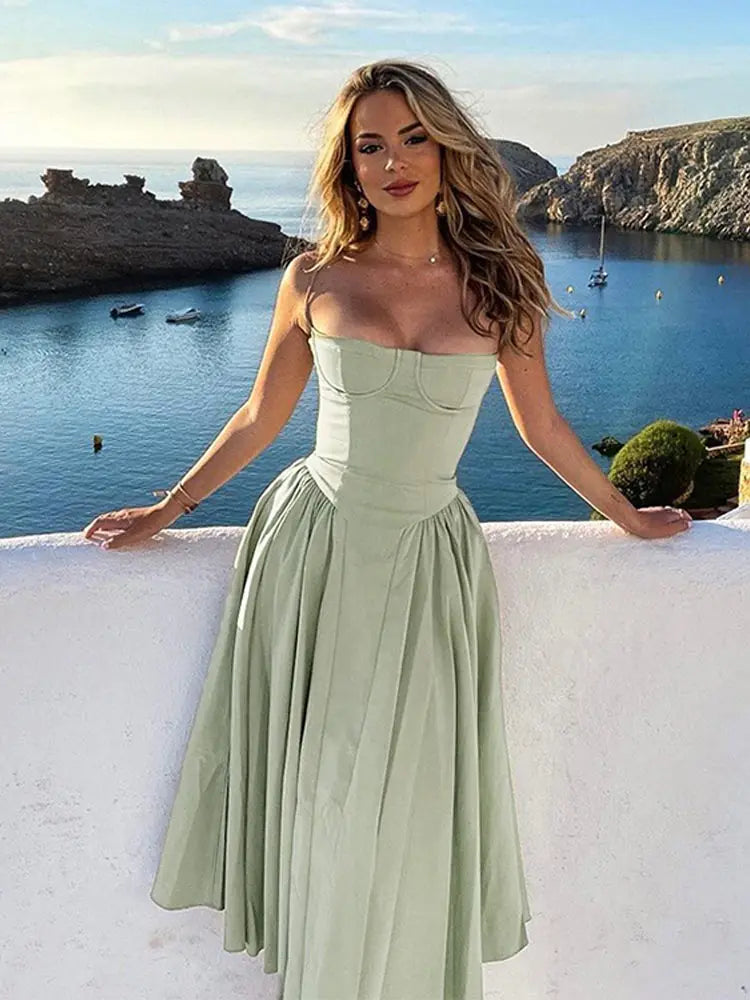 Women Sexy Solid Sling Midi Dress